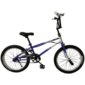 Bicicleta Kibo Free de color azul y blanco sobre fondo blanco