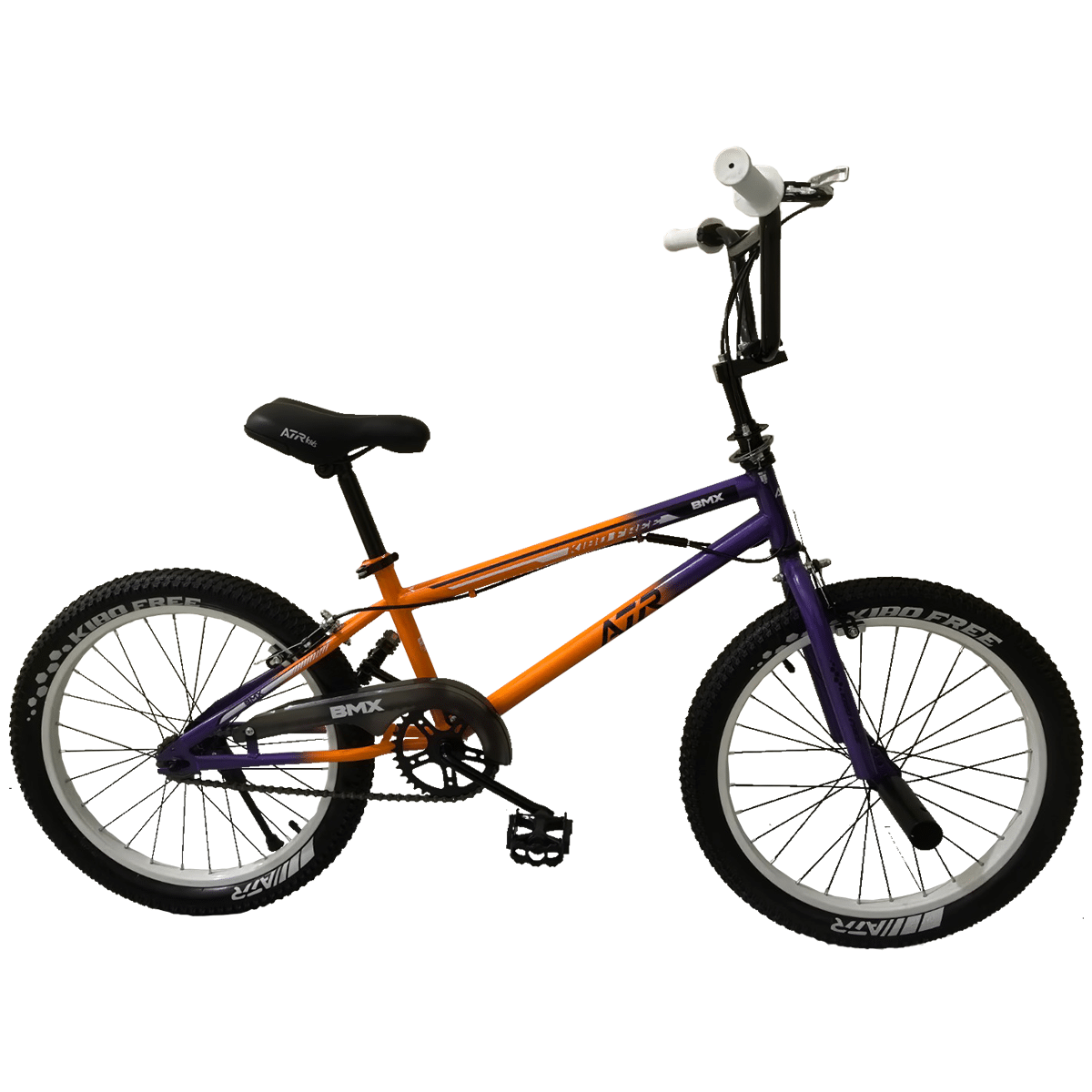 Bicicleta Kibo Free de color naranja y violeta sobre fondo blanco