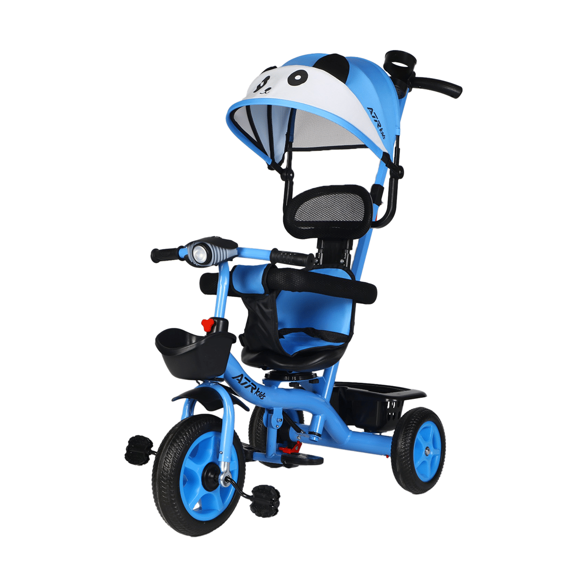 Triciclo de niños azul sobre fondo blanco