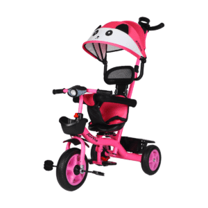 Triciclo de niños rosa sobre fondo blanco