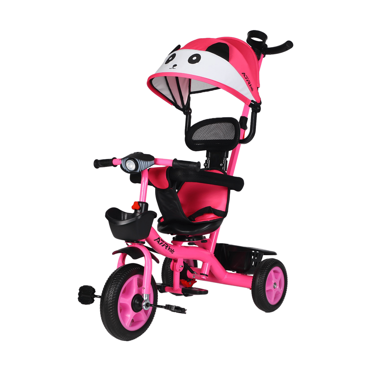 Triciclo de niños rosa sobre fondo blanco